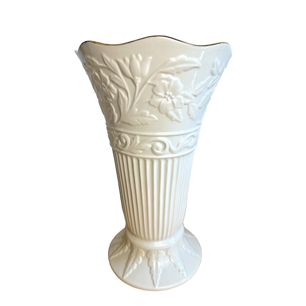 LENOX Princeton Porcelain 15.5" Tall Floral Vase Ivory 24k Gold Rim EUC